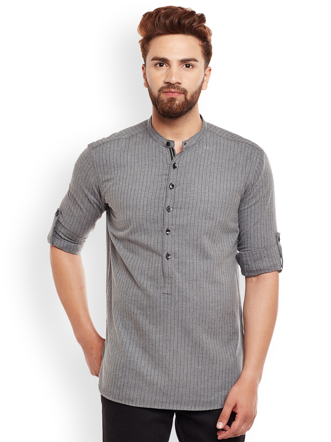 

even Men Grey Striped Straight Kurta