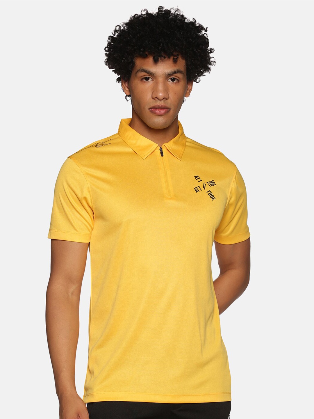 

ATTIITUDE Men Brand Logo Printed Polo Collar T-shirt, Yellow