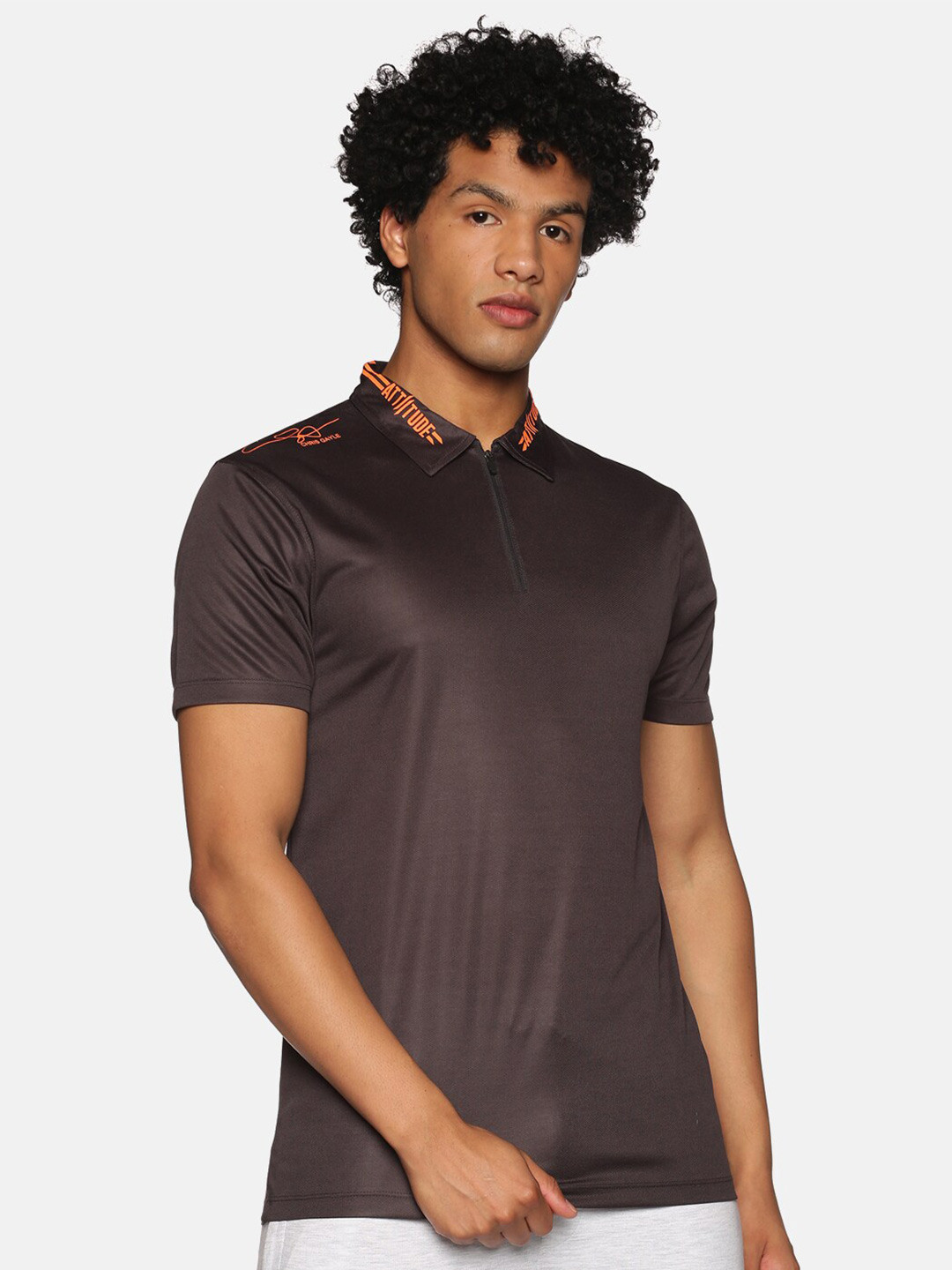 

ATTIITUDE Men Brand Logo Printed Polo Collar T-shirt, Brown