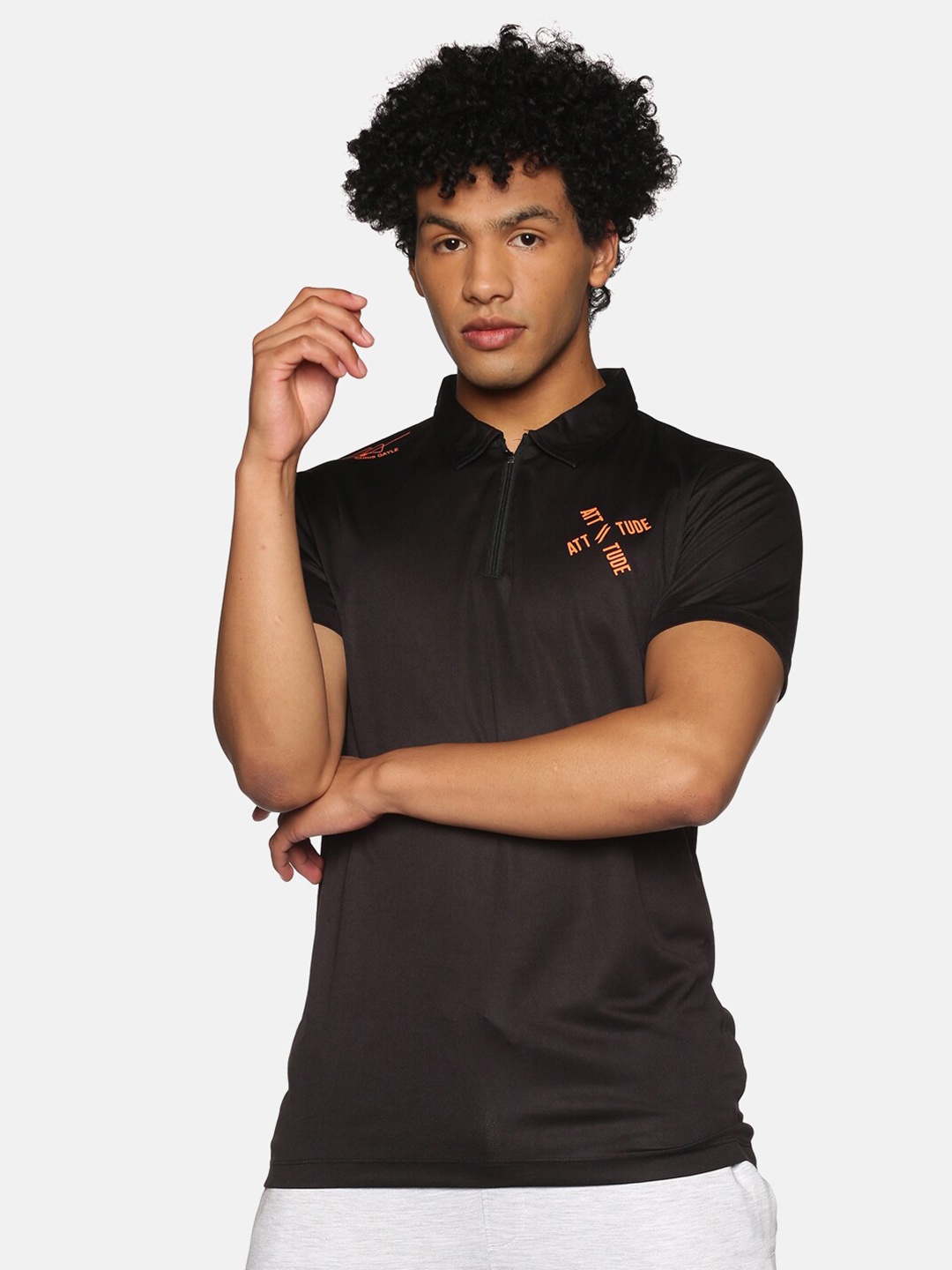 

ATTIITUDE Polo Collar Typography Printed Regular Fit T-shirt, Black