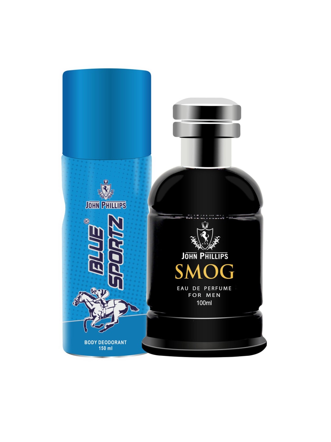 

JOHN PHILLIPS Men Set of Blue Spotz Deodorant 150 ml + Smog Eau De Parfum 100 ml, Black