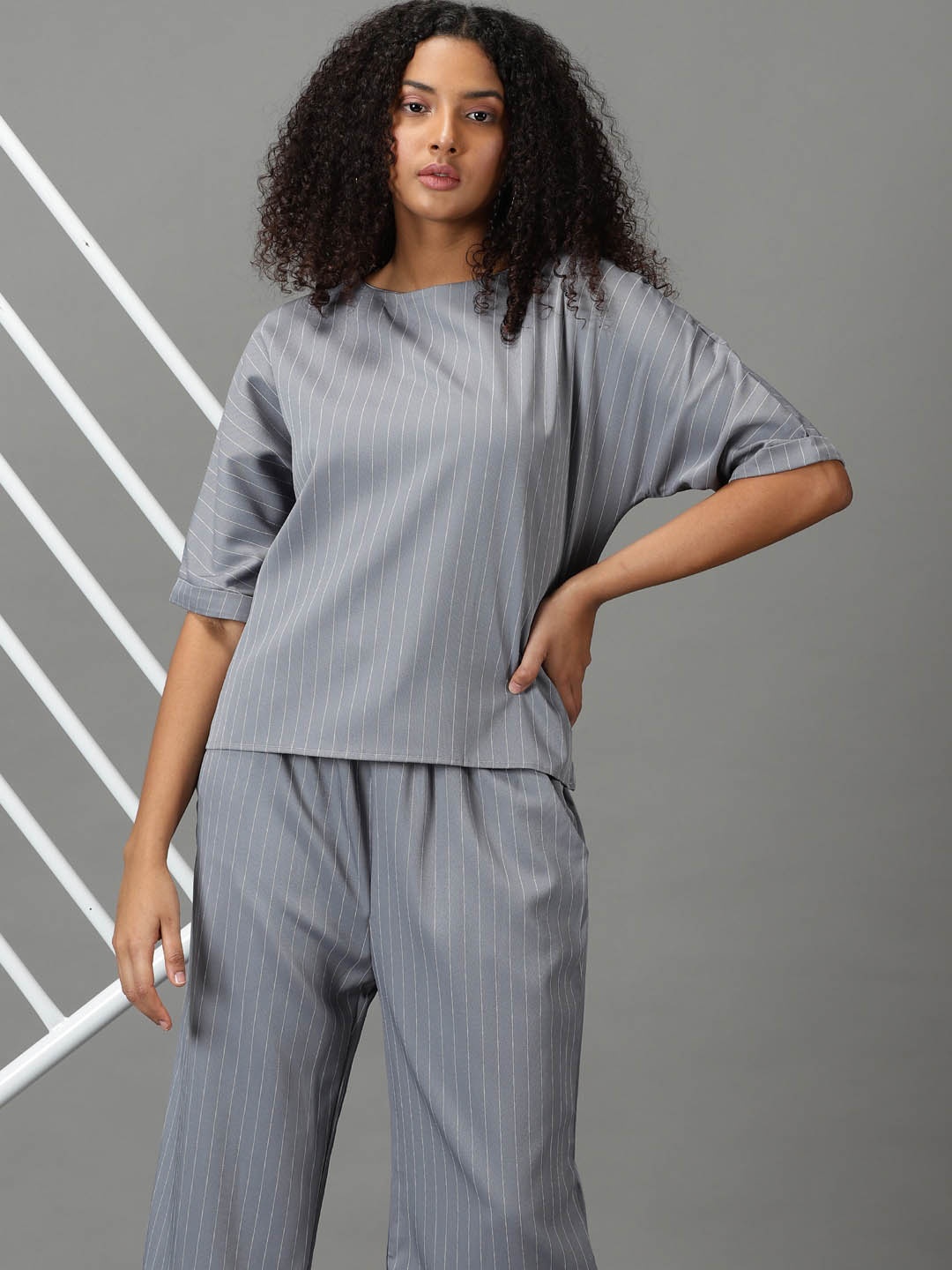 

SHOWOFF Women Round Neck Striped Co-Ords Set, Grey