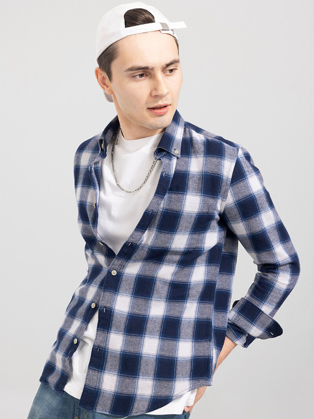 

Snitch Men Tartan Checks Checked Casual Cotton Shirt, Blue