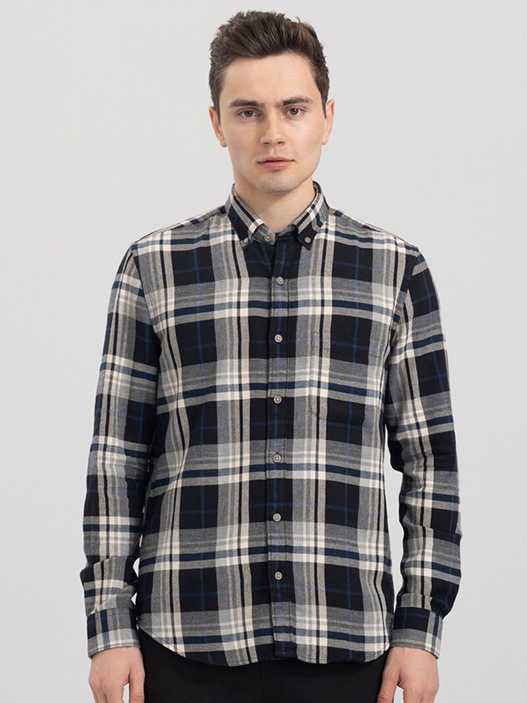 

Snitch Men Blue Slim Fit Tartan Checked Casual Cotton Shirt, Black