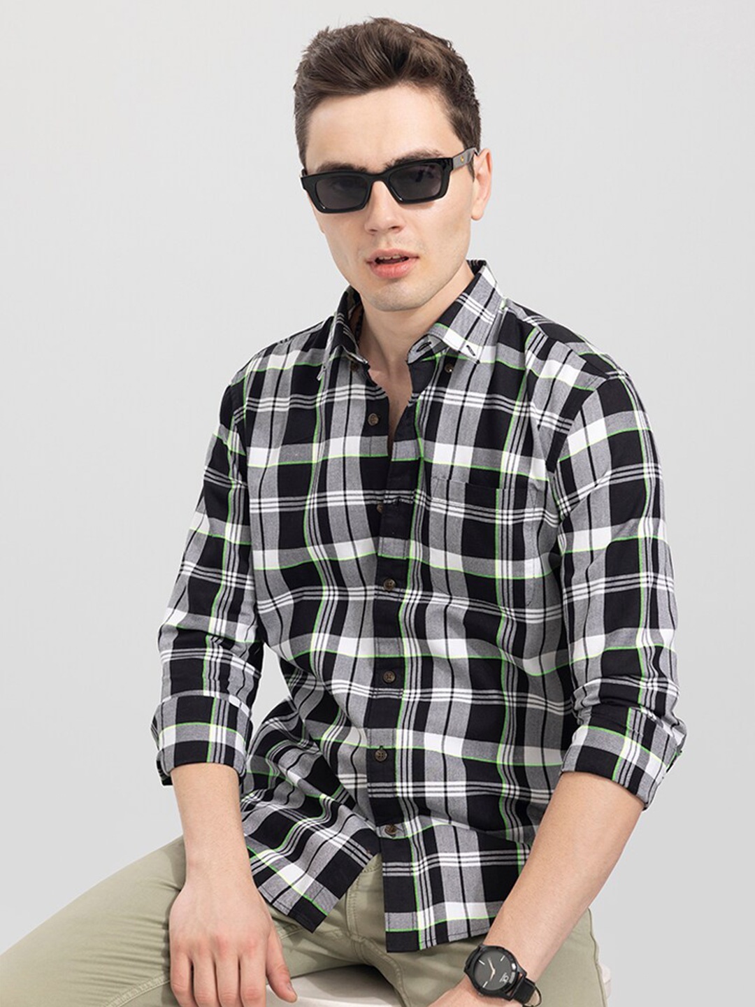 

Snitch Men Slim Fit Tartan Checks Checked Casual Cotton Shirt, White