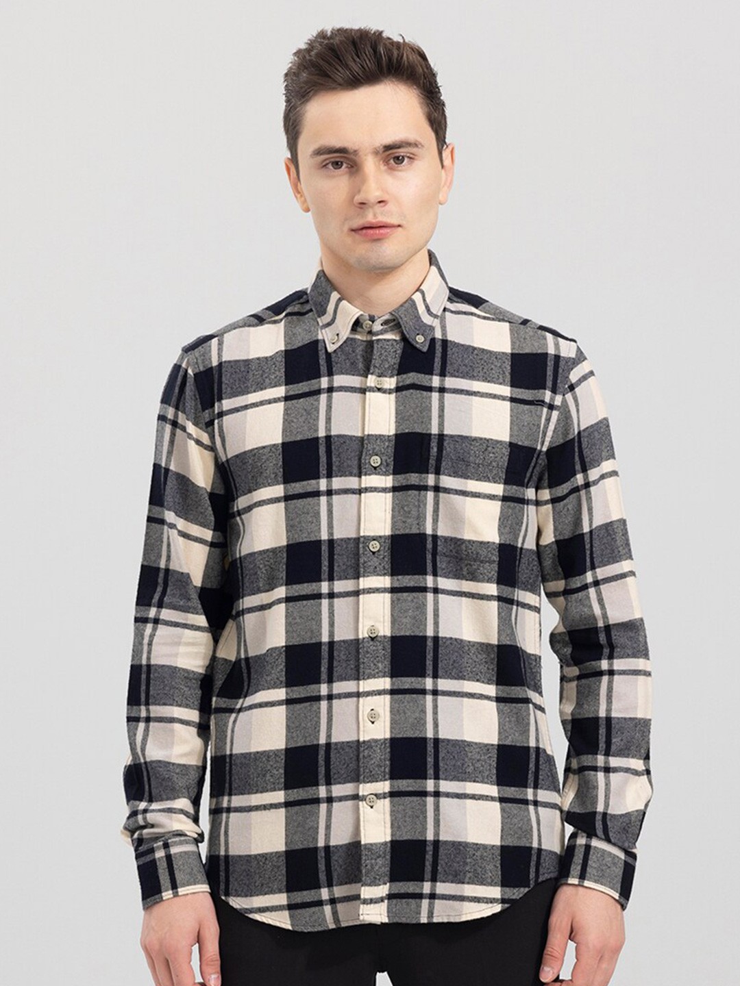 

Snitch Men Tartan Checks Cotton Casual Shirt, Cream