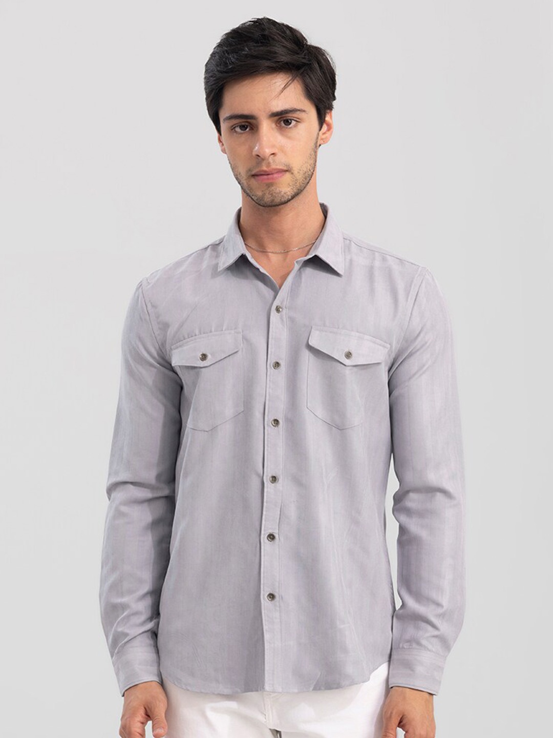 

Snitch Men Spread Collar Cotton Slim Fit Casual Shirt, Grey