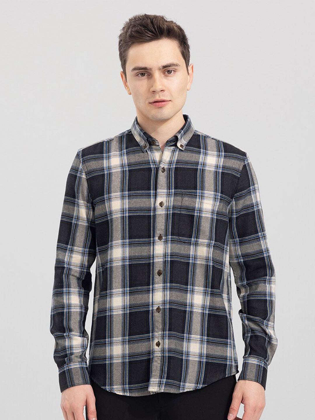 

Snitch Men Tartan Checks Cotton Slim Fit Casual Shirt, Grey