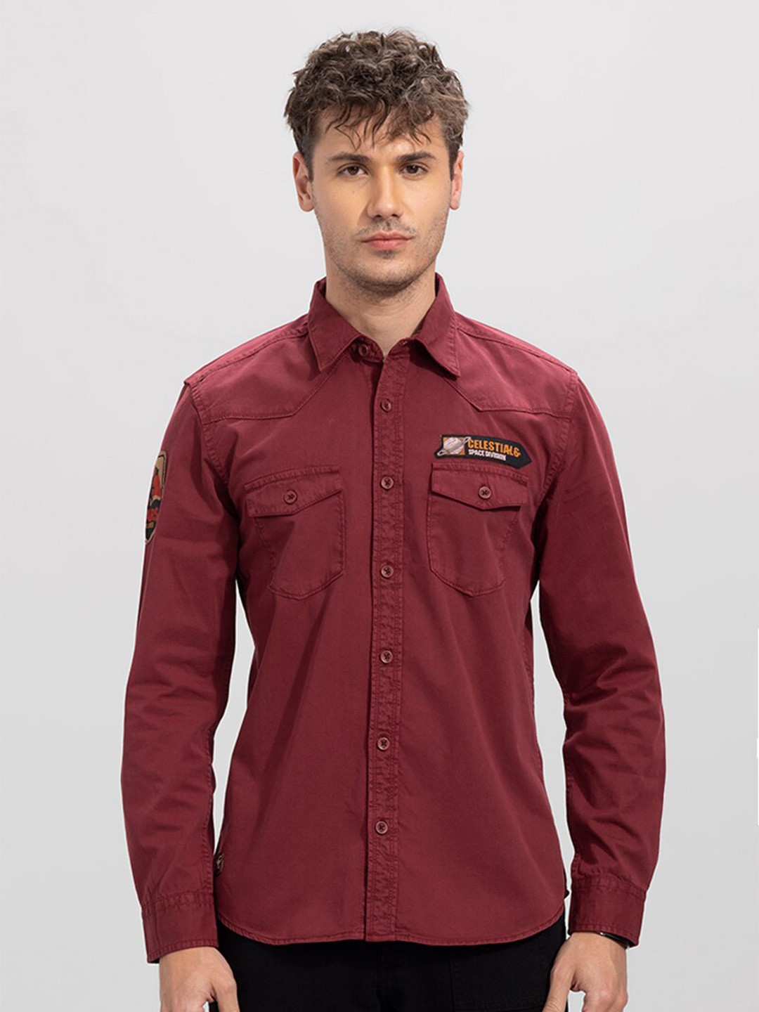 

Snitch Men Spread Collar Cotton Slim Fit Casual Shirt, Red