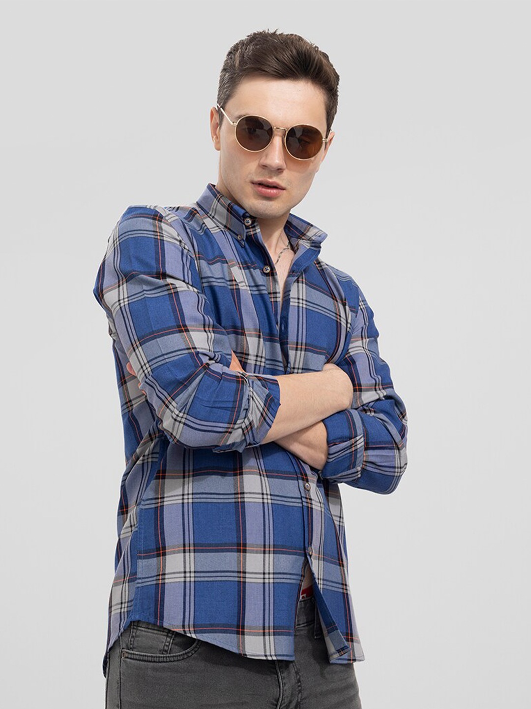 

Snitch Men Slim Fit Tartan Checks Checked Casual Cotton Shirt, Blue