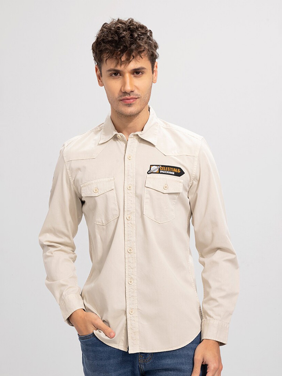 

Snitch Men Slim Fit Casual Cotton Shirt, Beige