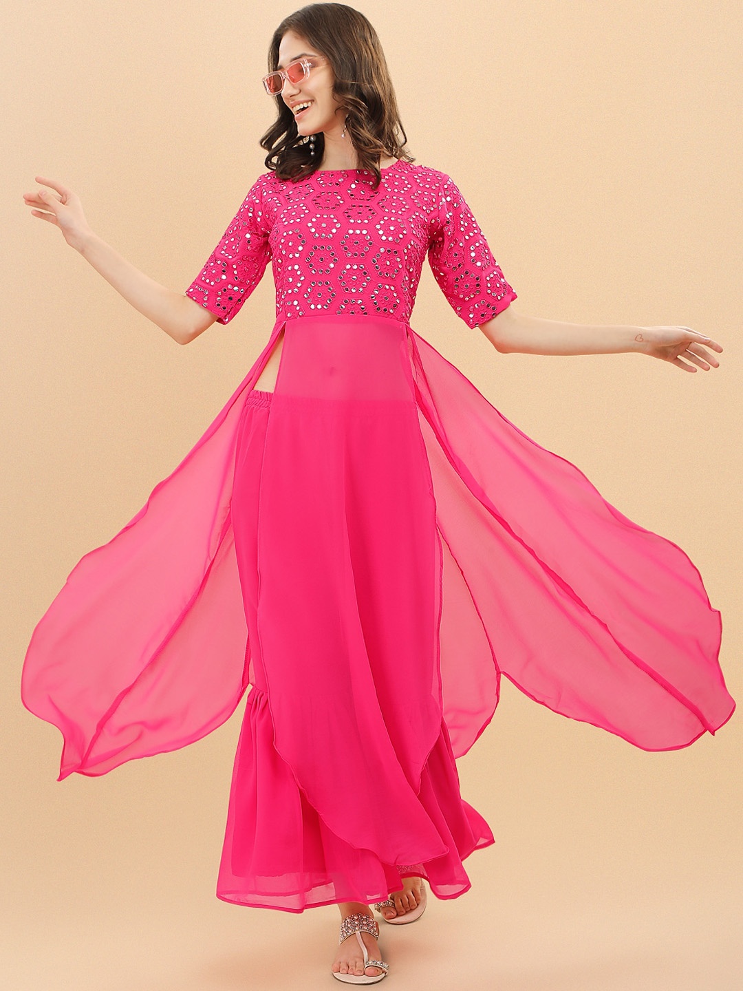 

Trendz Style Women Embroidered High Slit Mirror Work Kurta with Sharara, Pink