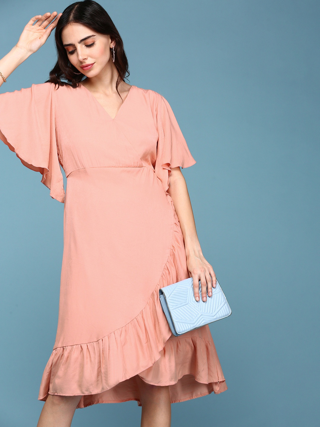 

SHOWOFF V-Neck A-Line Dress, Peach