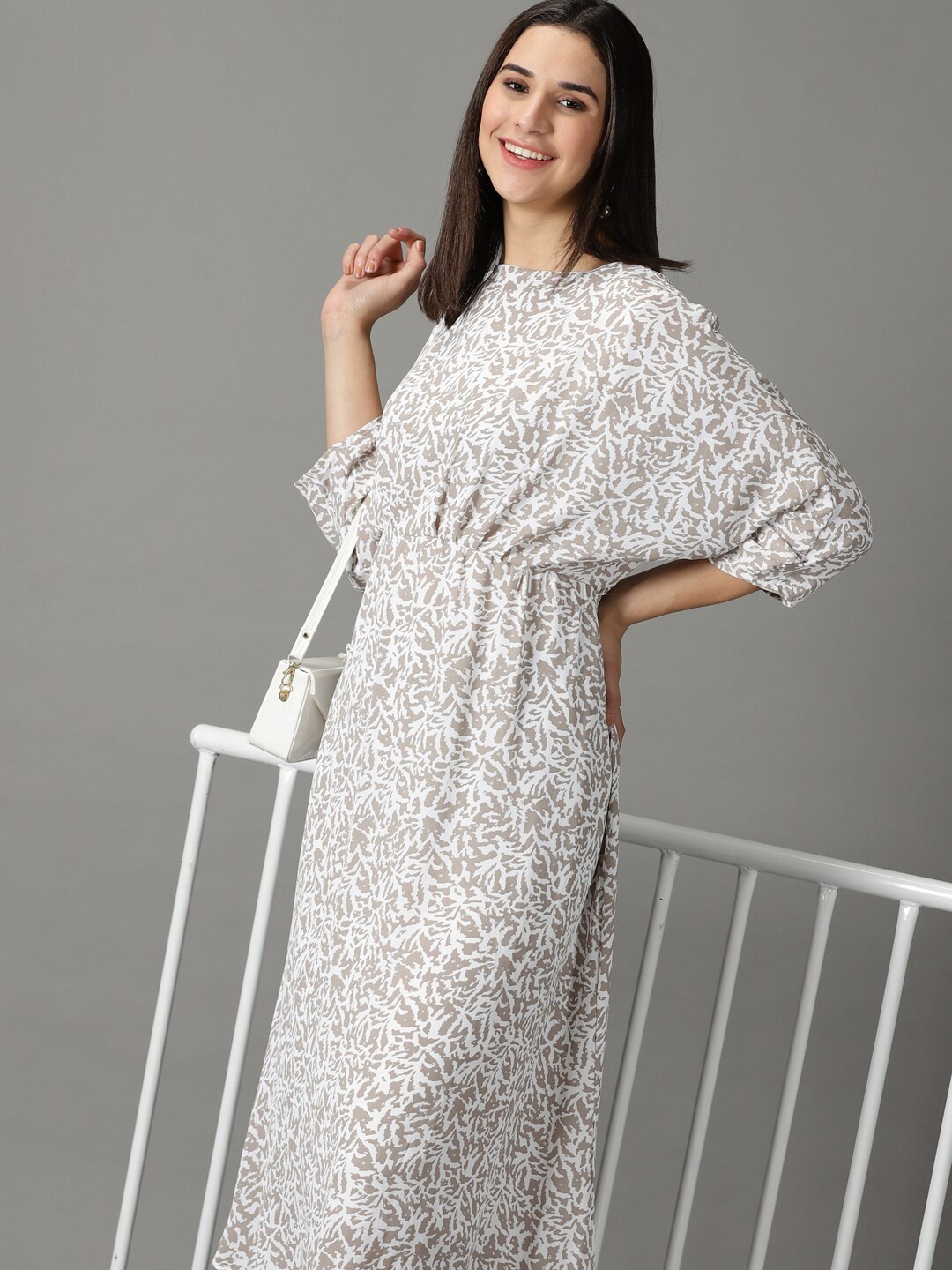 

SHOWOFF Taupe Abstract Printed Midi Dress