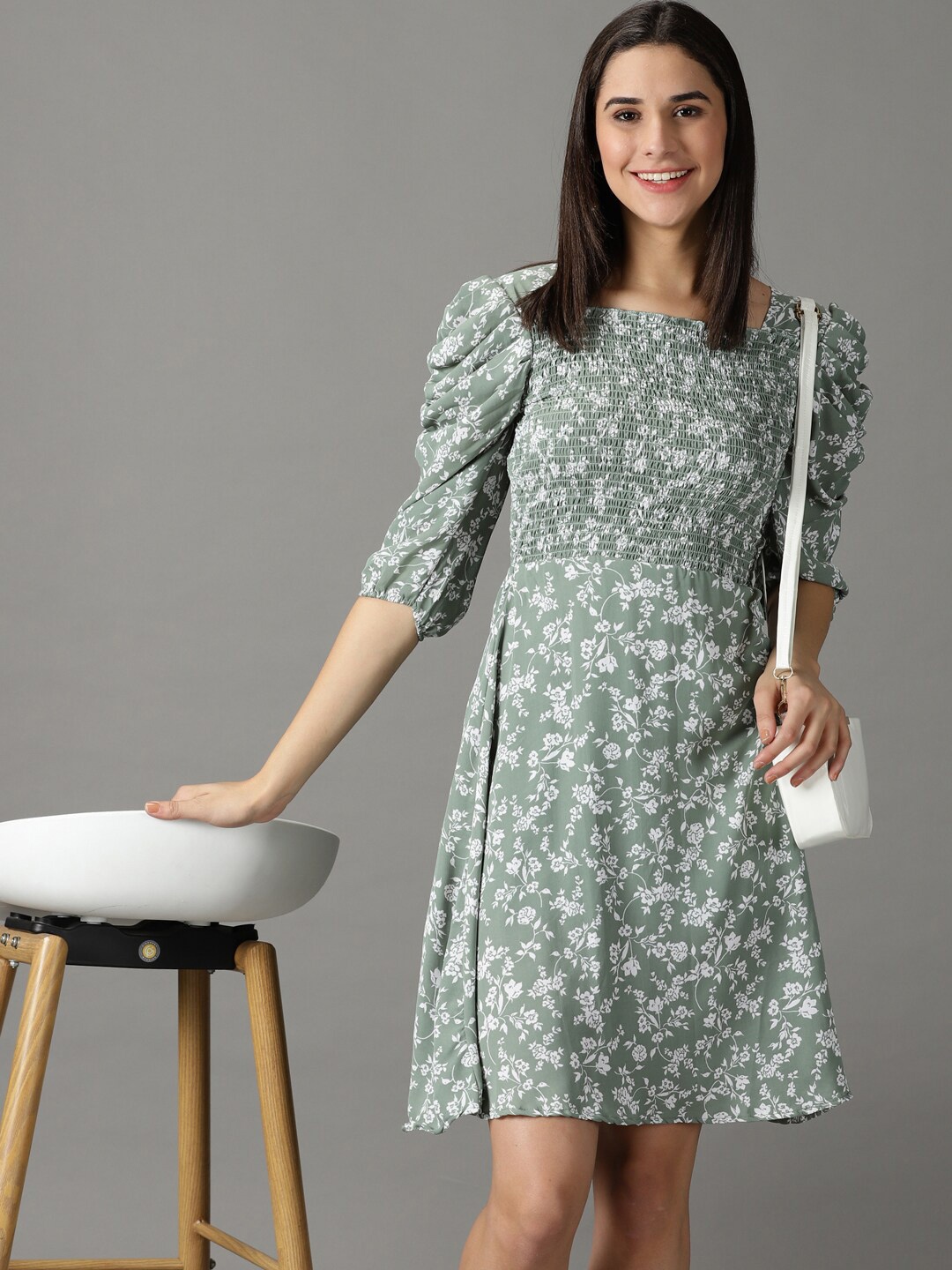 

SHOWOFF Floral Printed Smocked Puff Sleeves A-Line Dress, Sea green