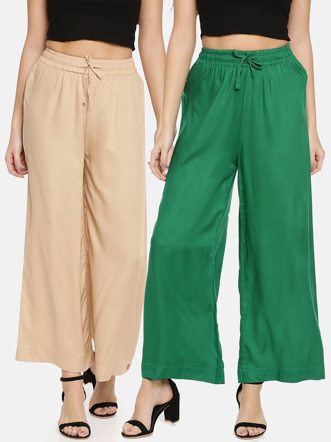 

TWIN BIRDS Pack of 2 Wide leg Palazzos, Green