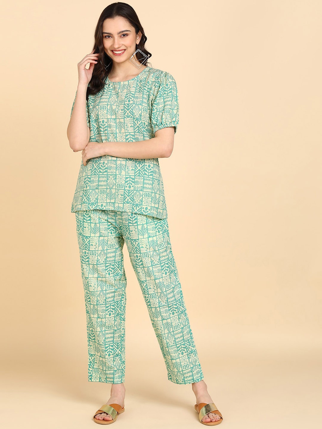 

BLOCKS OF INDIA Women Ethnic Printed Pure-Cotton Co-Ords Set, Beige