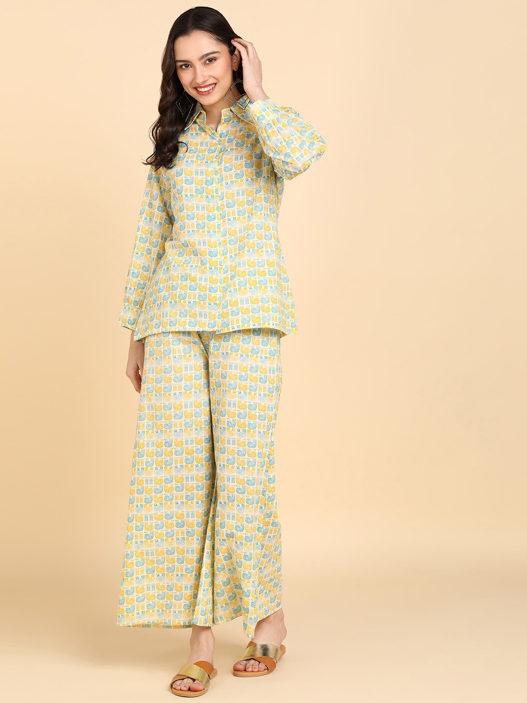 

BLOCKS OF INDIA Women Conversational Printed Pure Cotton Co-Ords Set, Beige