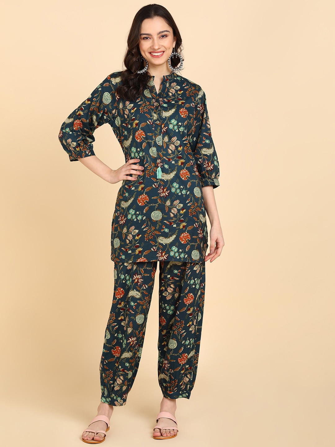 

BLOCKS OF INDIA Women Floral Printed Pure Cotton Co-Ord Set, Teal