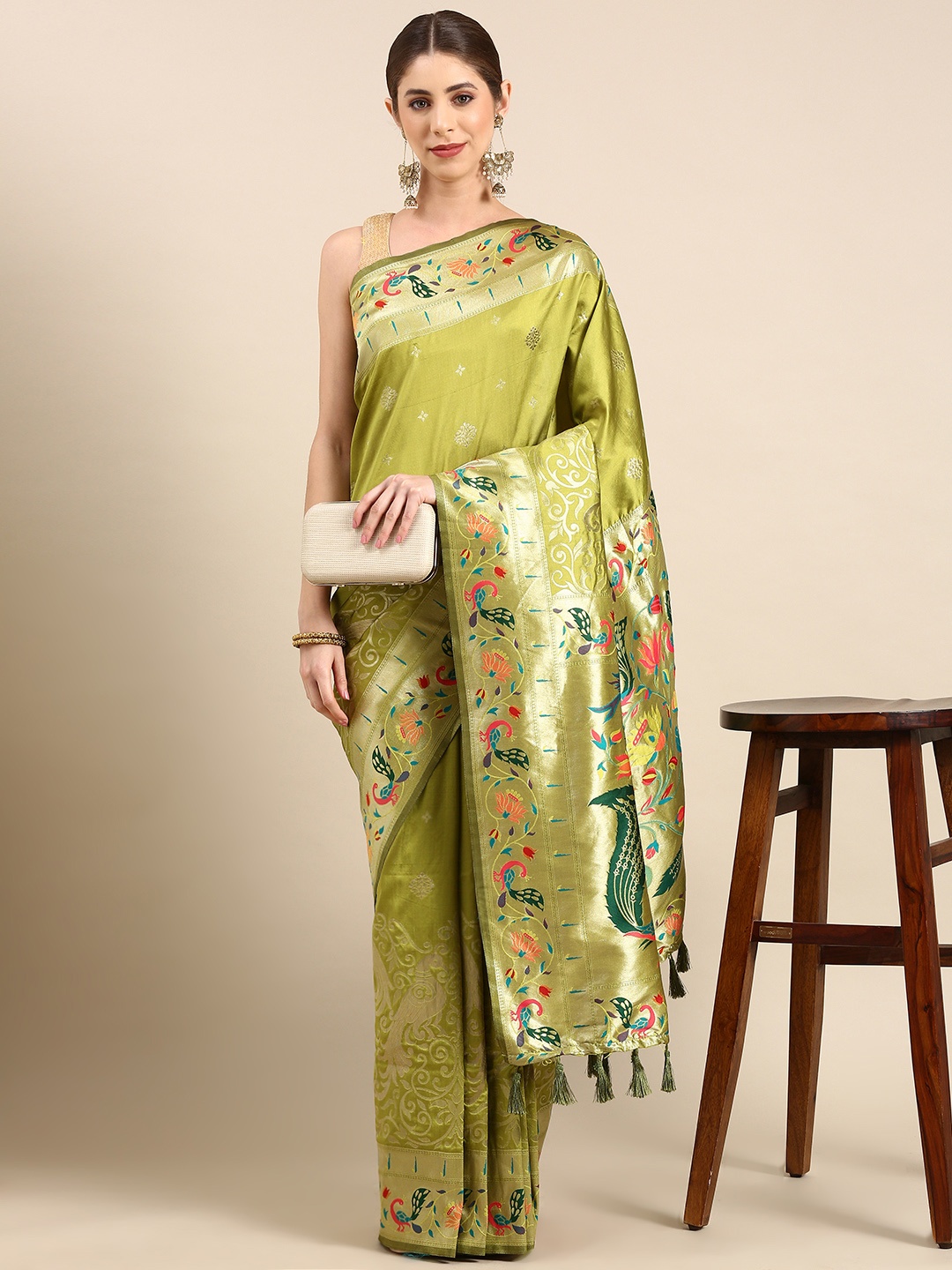 

VASTRANAND Woven Design Ethnic Motifs Zari Banarasi Saree, Olive