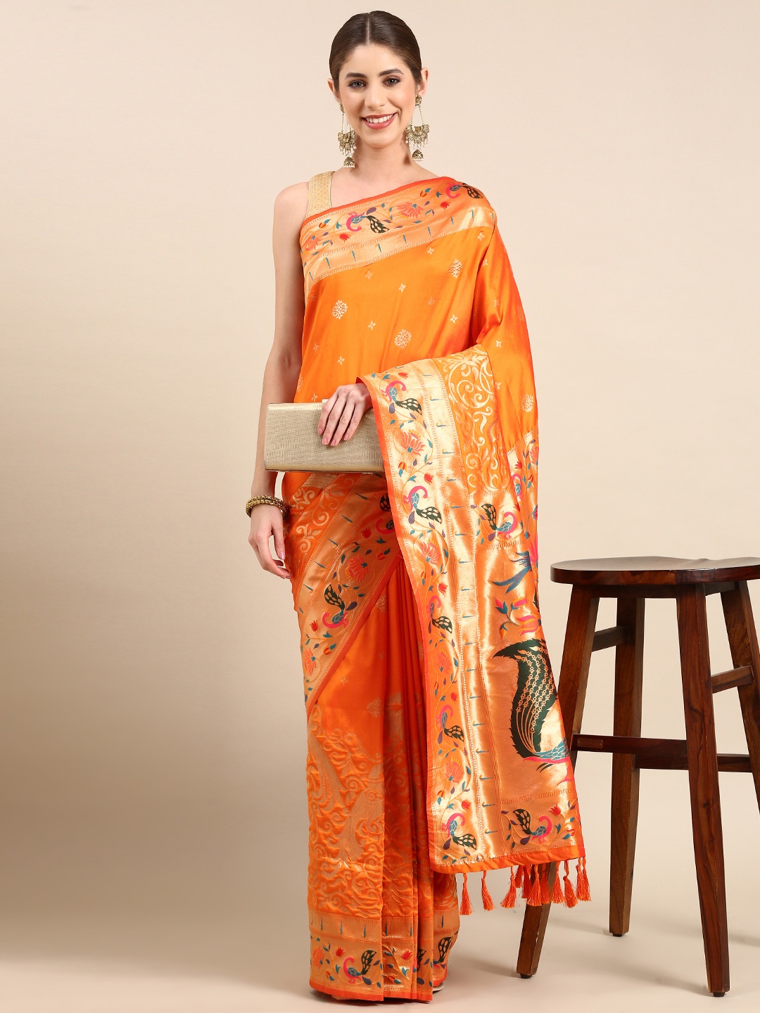 

VASTRANAND Woven Design Ethnic Motifs Zari Banarasi Saree, Orange