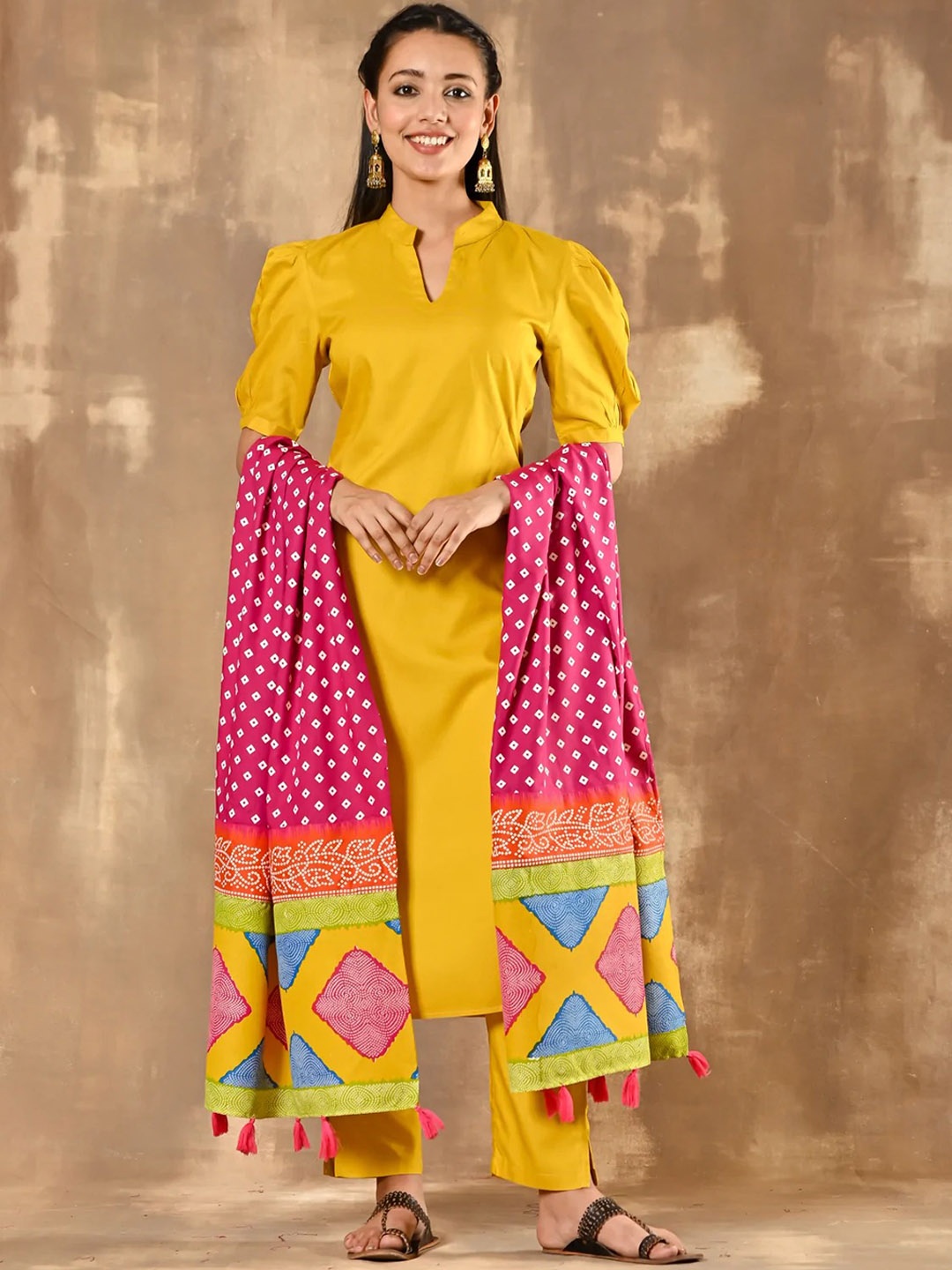 

Rustorange Women Band Collar Kurta with Trousers & With Dupatta, Yellow