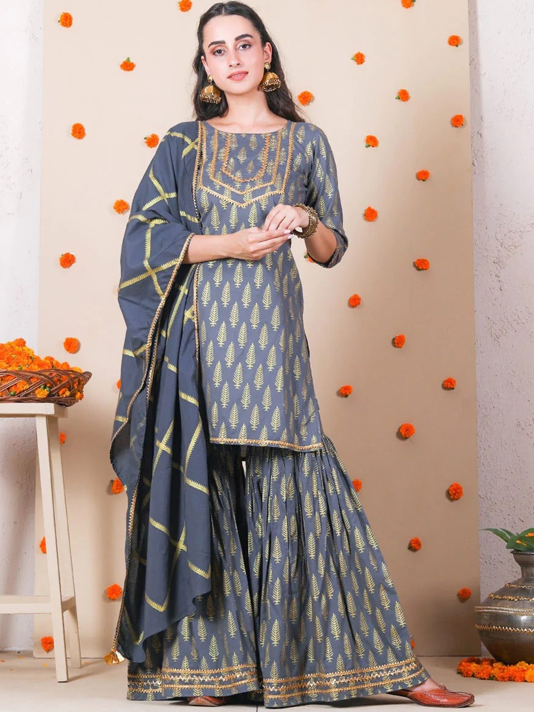 

Rustorange Women Floral Printed Round Neck Kurta with Sharara & Dupatta, Grey