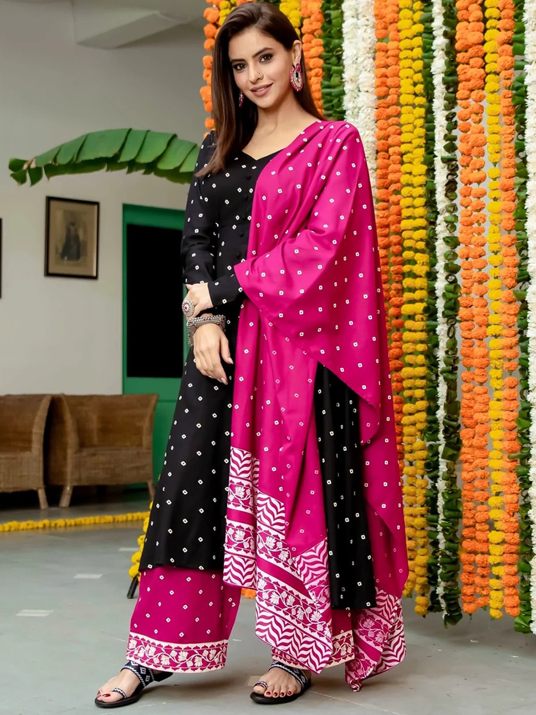 

Rustorange Bandhani Printed Kurta with Palazzos & Dupatta, Black
