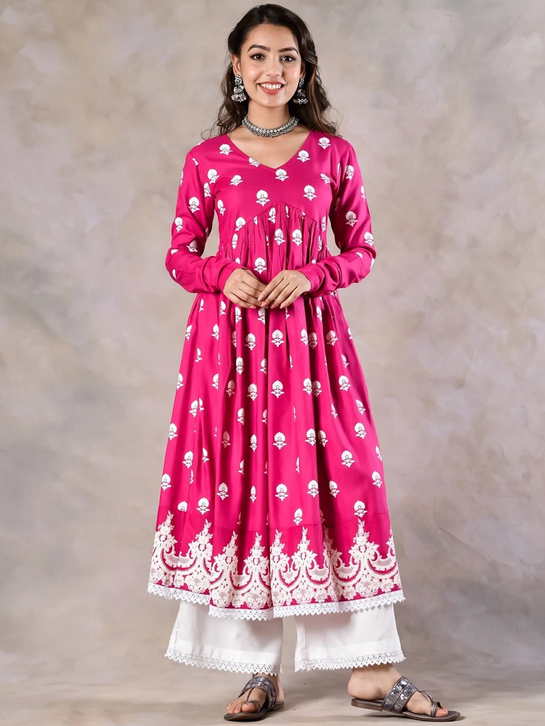 

Rustorange Women Pink Floral Printed Angrakha Thread Work Kurta with Palazzos
