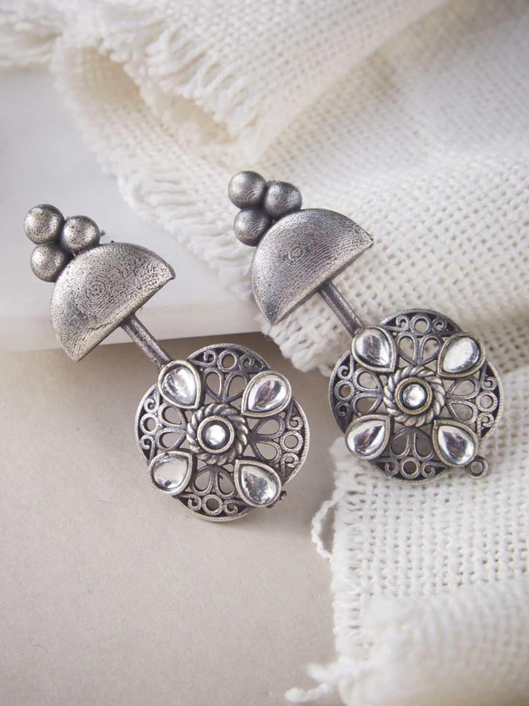 

ATIBELLE German Silver-Plated Fusion Inspired & Stone-Studded Drop Earrings