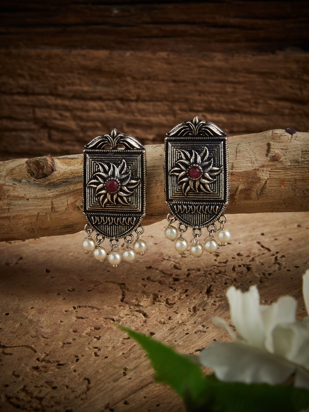 

ATIBELLE German Silver-Plated Floral & Stone Studded Stud Earrings with Pearl drop