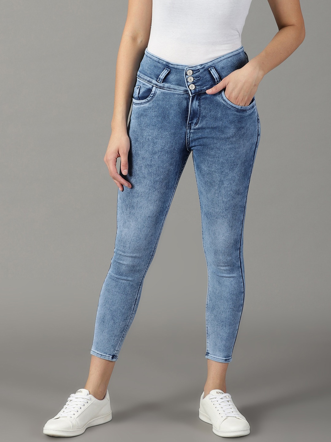 

SHOWOFF Women Slim Fit High-Rise Heavy Fade Bleached Cropped Stretchable Jeans, Blue