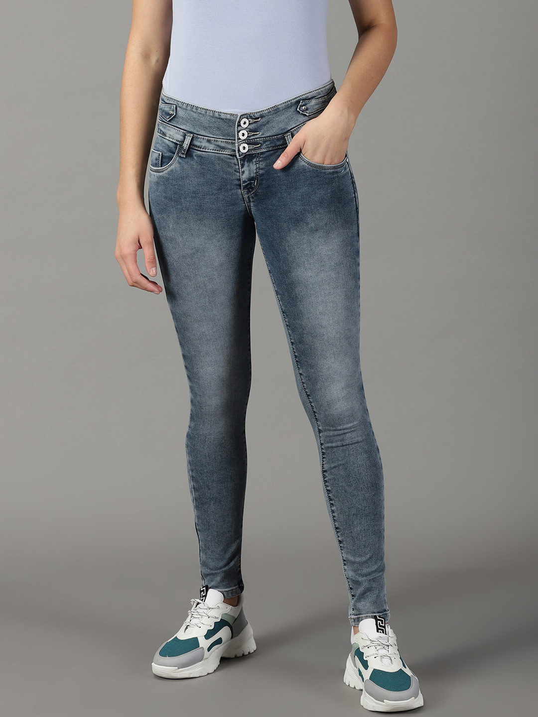

SHOWOFF Women Skinny Fit Heavy Fade Stretchable Jeans, Grey