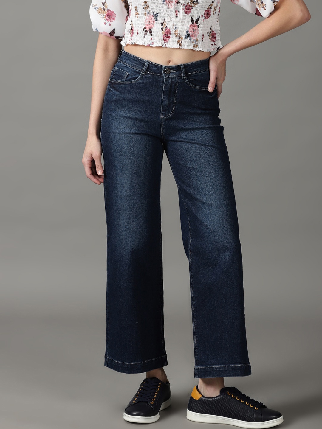 

SHOWOFF Women Wide Leg High-Rise Light Fade Stretchable Jeans, Navy blue