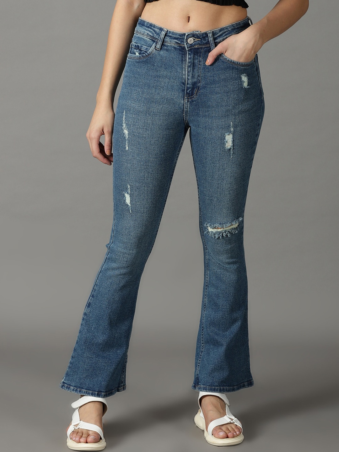 

SHOWOFF Women Bootcut Mid-Rise Mildly Distressed Light Fade Stretchable Jeans, Blue