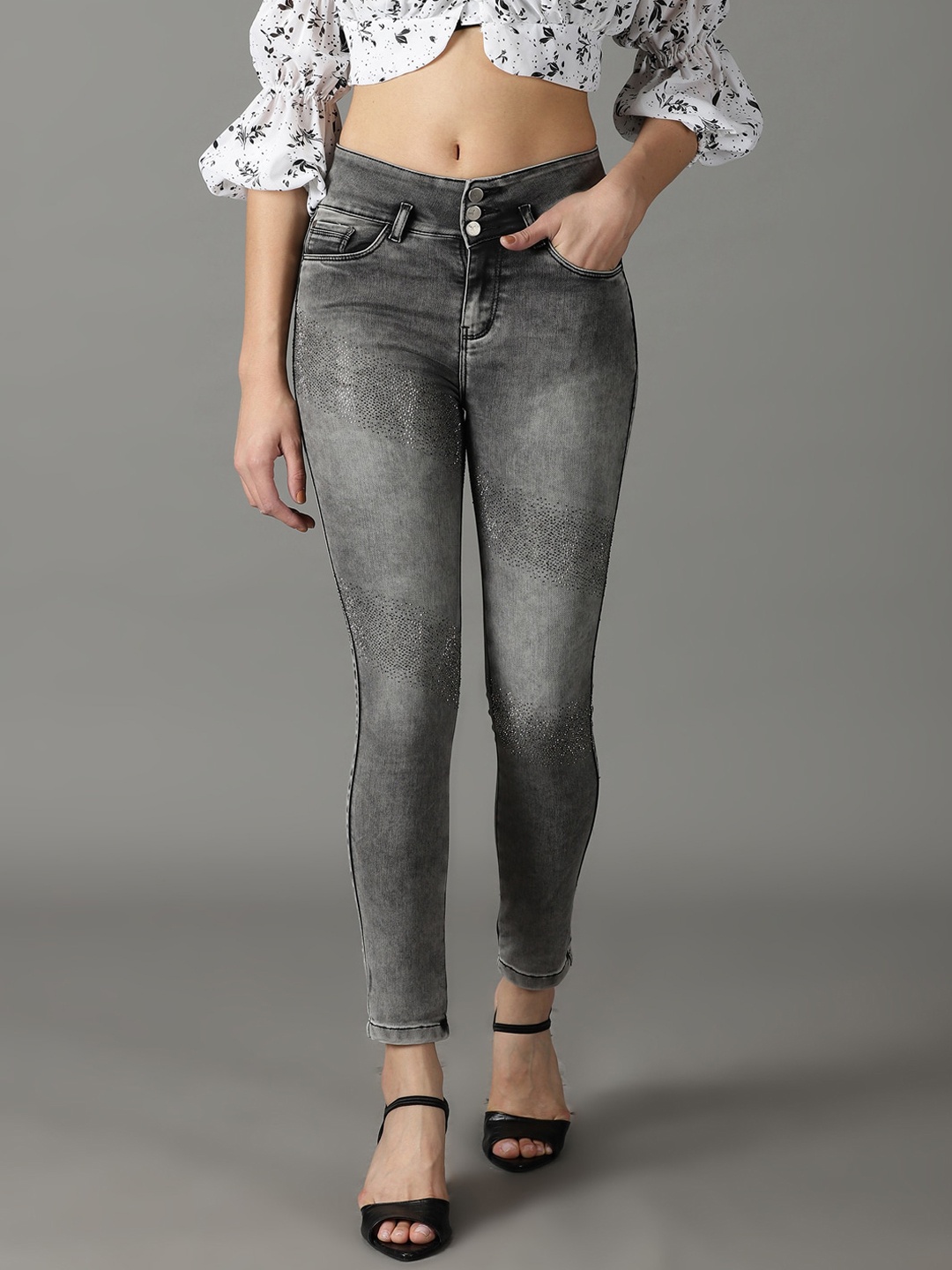 

SHOWOFF Women Slim Fit High-Rise Heavy Fade Embellished Stretchable Jeans, Grey