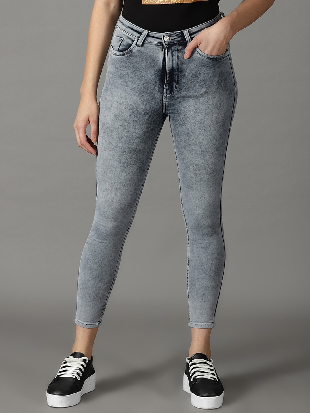 

SHOWOFF Women Skinny Fit Heavy Fade Stretchable Jeans, Grey