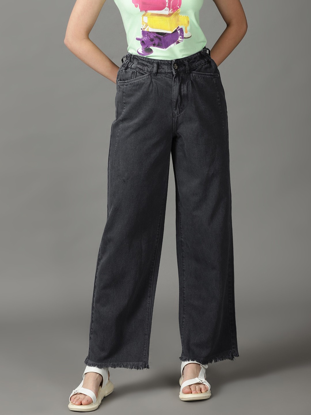 

SHOWOFF Women Wide Leg High-Rise Cotton Jeans, Grey