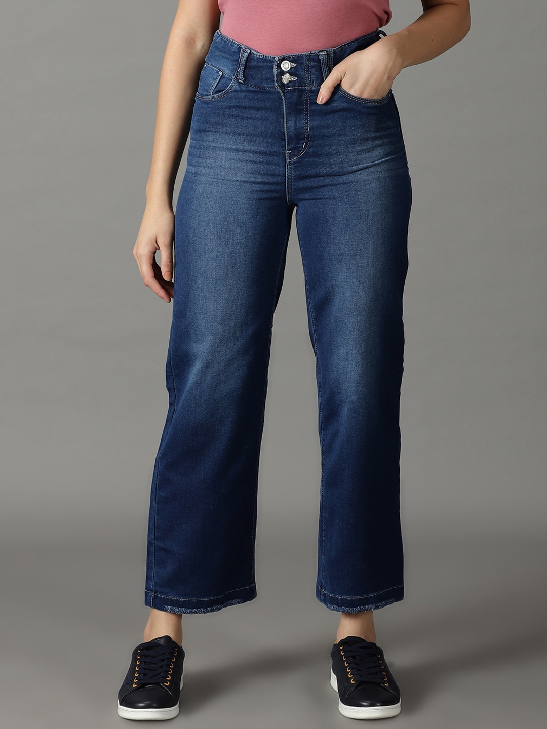 

SHOWOFF Women Straight Fit High-Rise Light Fade Stretchable Jeans, Navy blue