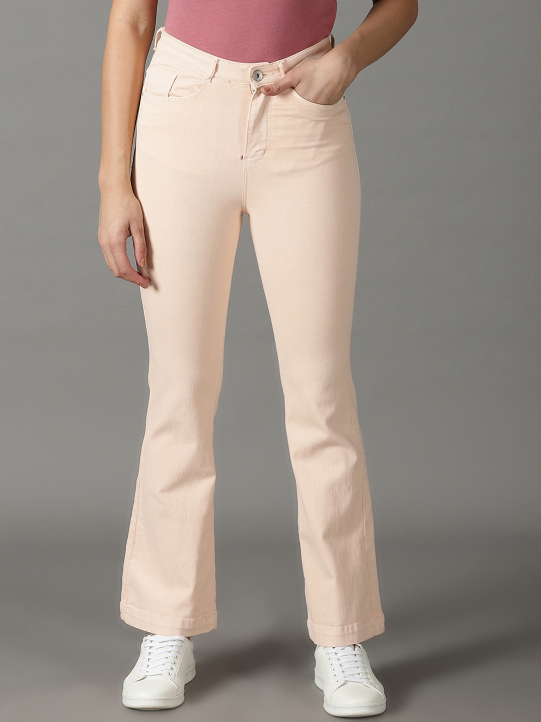 

SHOWOFF Women Bootcut High-Rise Stretchable Cotton Jeans, Peach