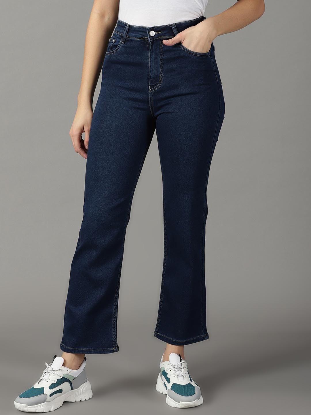 

SHOWOFF Women Straight Fit High-Rise Stretchable Cotton Jeans, Navy blue