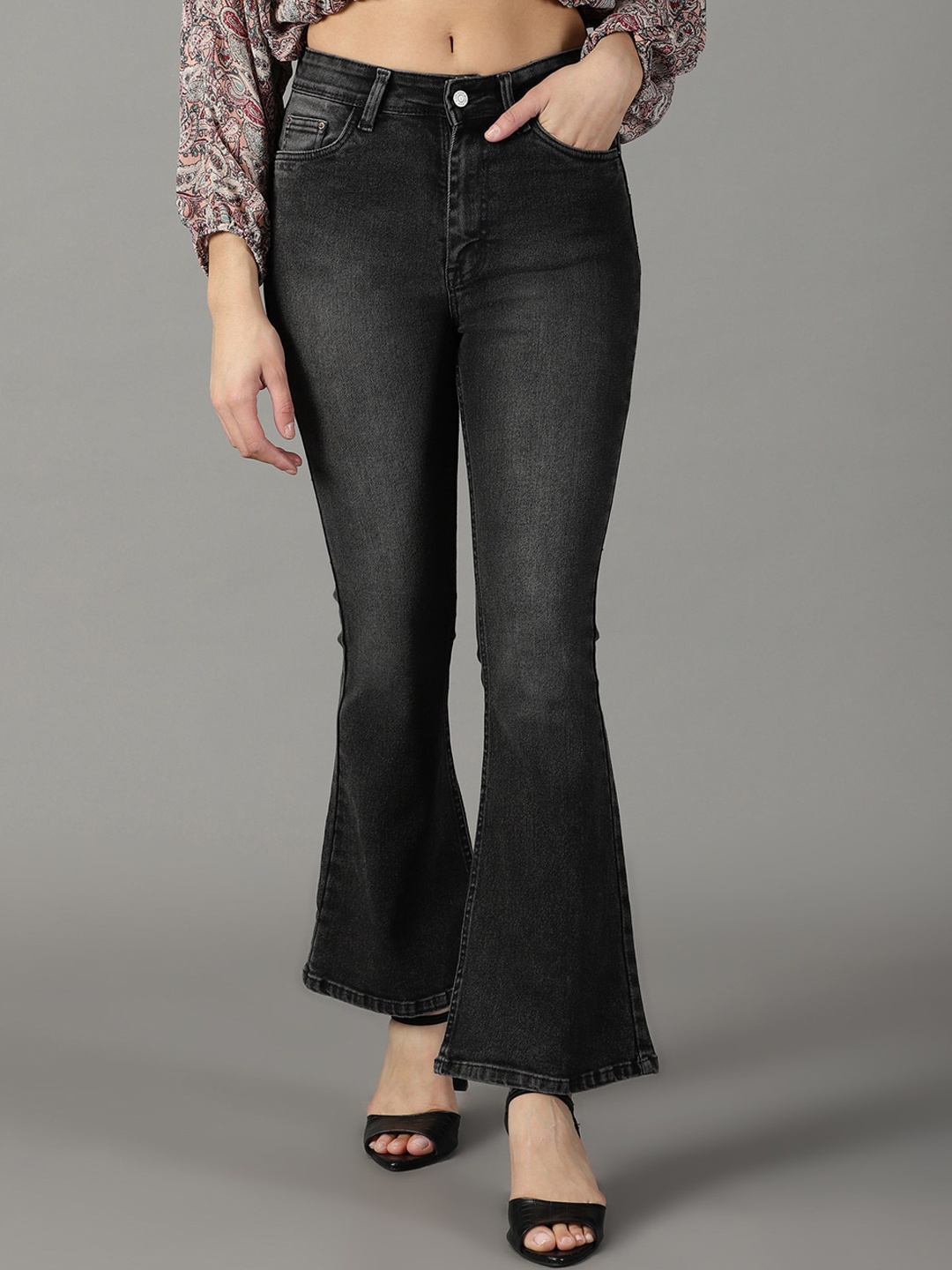 

SHOWOFF Women Bootcut High-Rise Light Fade Acid Wash Stretchable Jeans, Grey melange