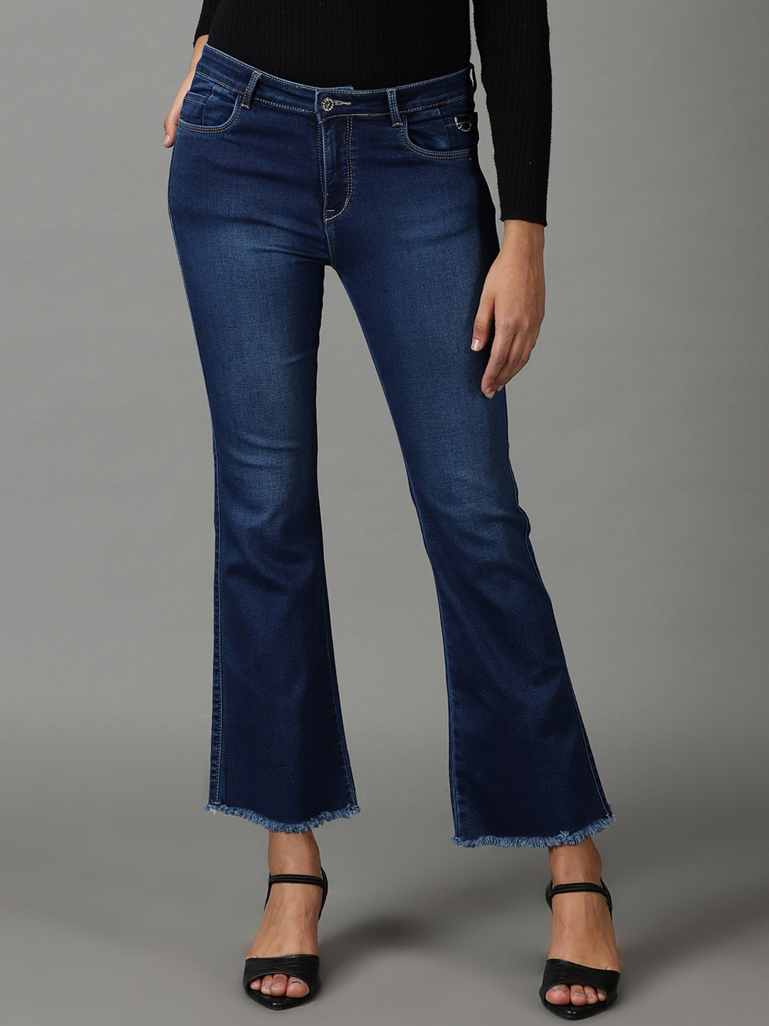 

SHOWOFF Women Bootcut High-Rise Light Fade Acid Wash Stretchable Jeans, Navy blue