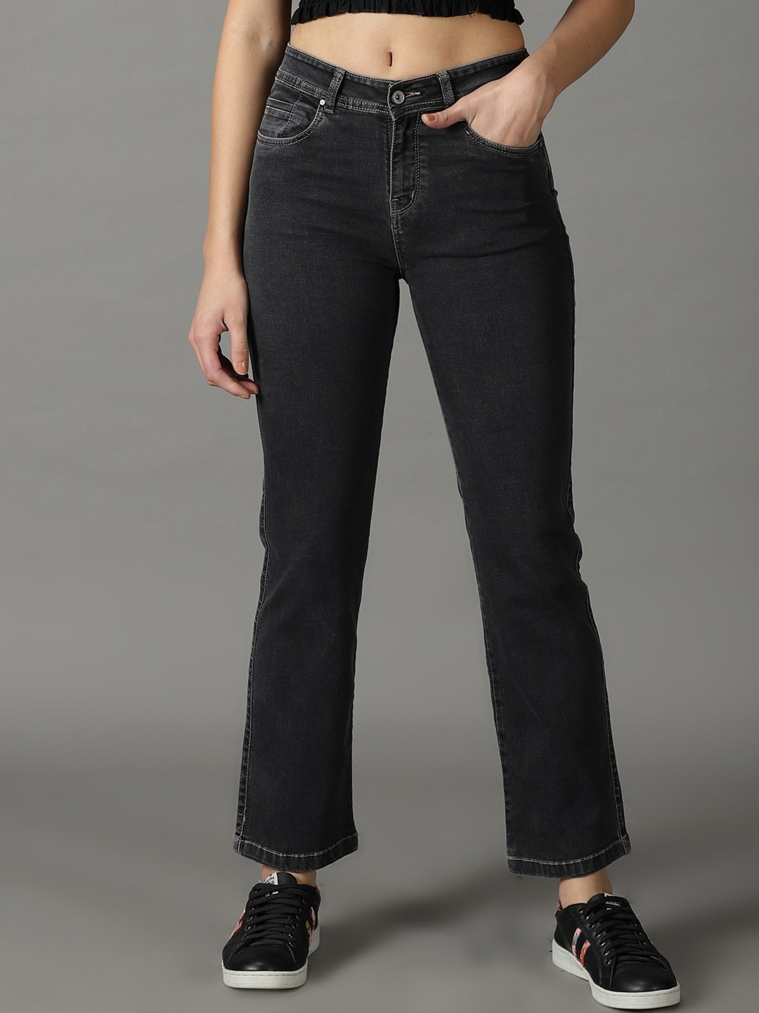 

SHOWOFF Women Straight Fit Acid Wash Stretchable Jeans, Black