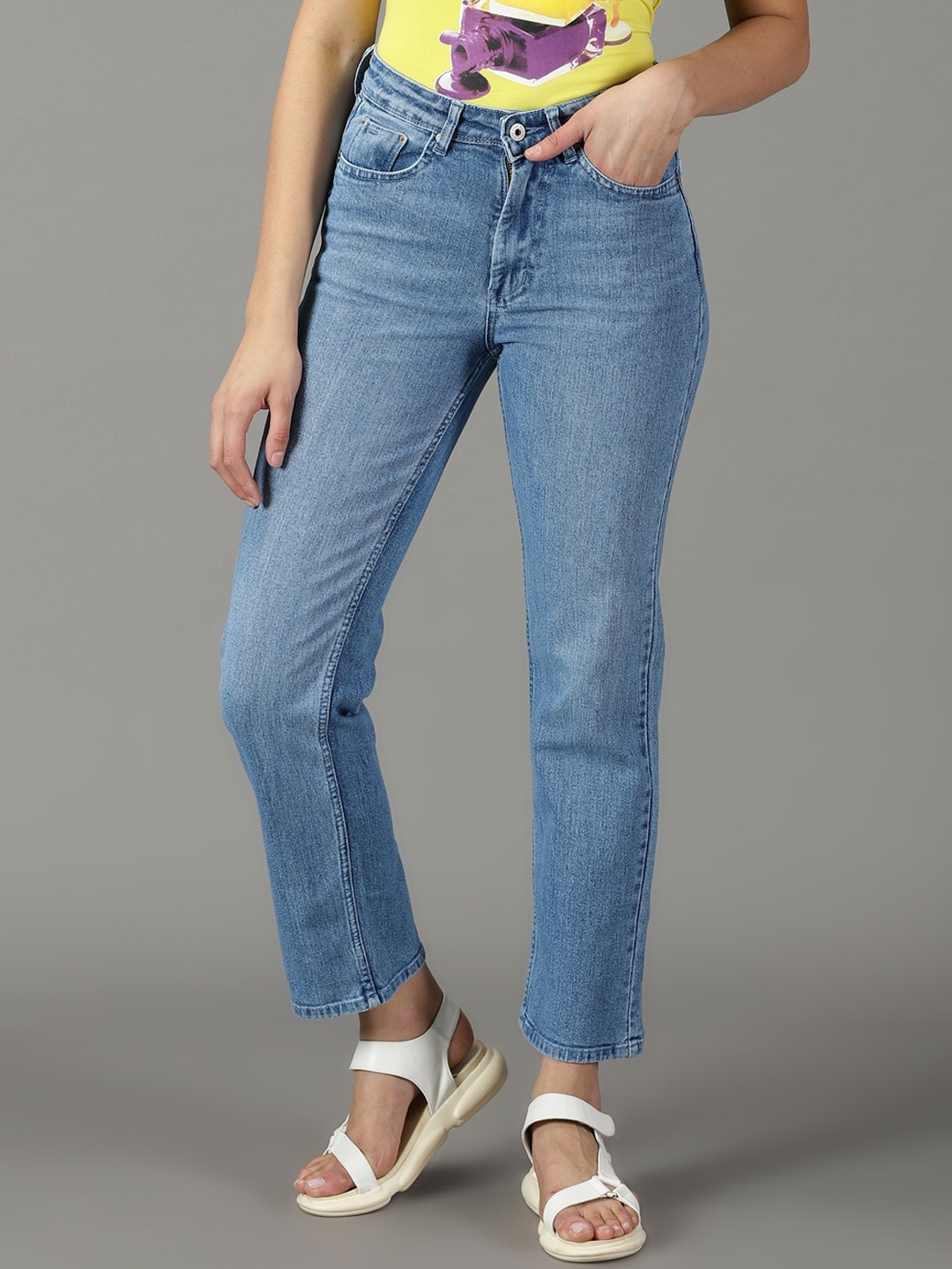

SHOWOFF Women Straight Fit High-Rise Light Fade Acid Wash Stretchable Jeans, Blue