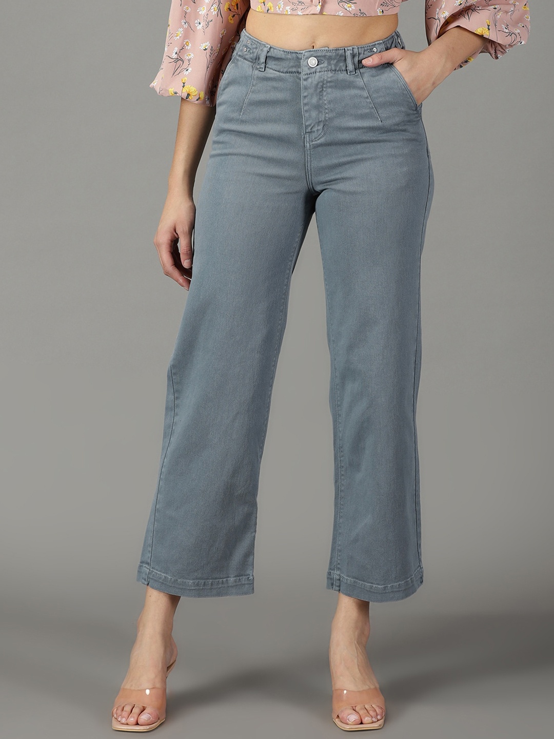 

SHOWOFF Women Wide Leg High-Rise Cotton Jeans, Grey