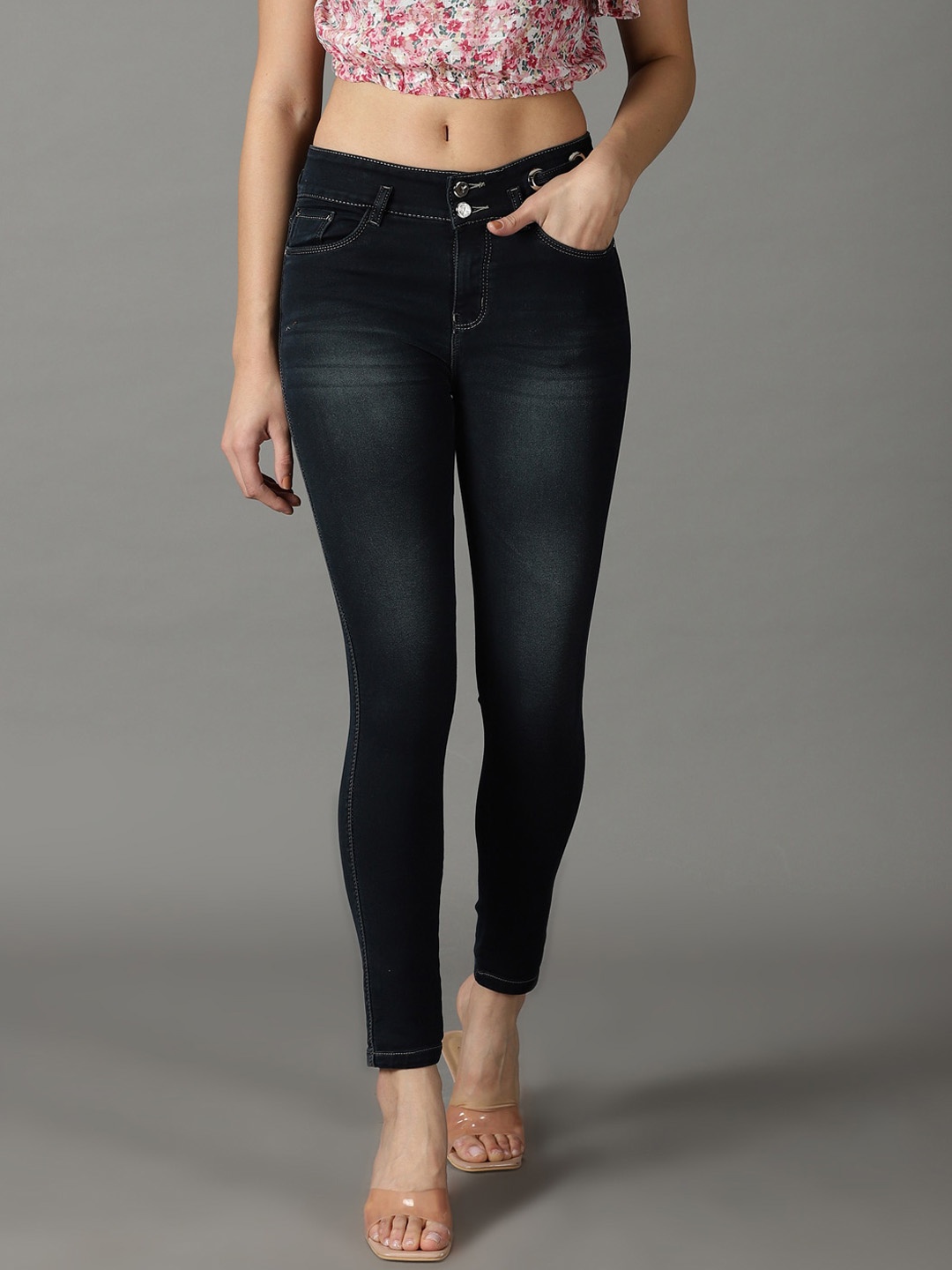 

SHOWOFF Women Slim Fit Light Fade Bleached Stretchable Jeans, Navy blue