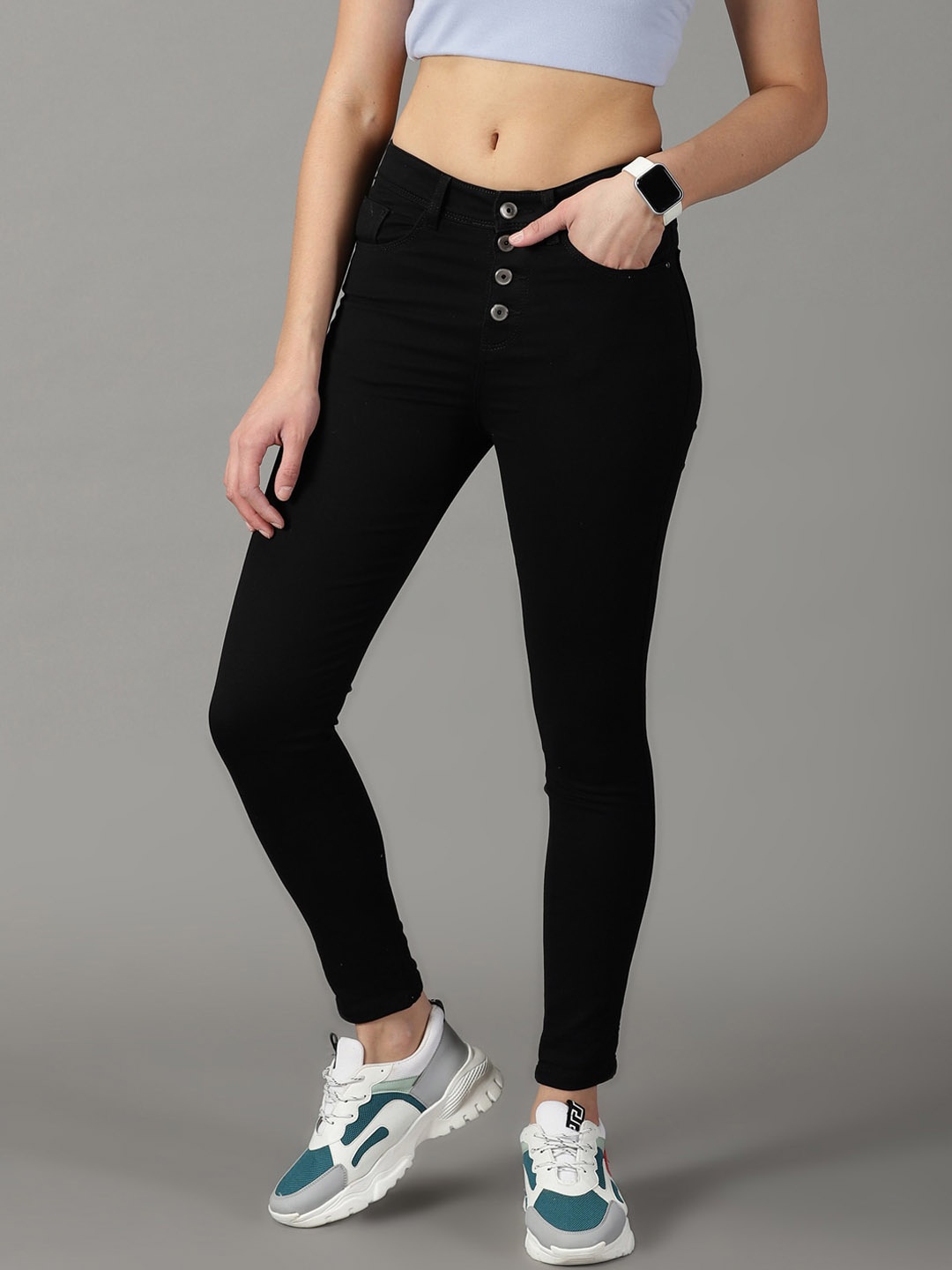 

SHOWOFF Women Slim Fit Low-Rise Acid Wash Stretchable Cotton Jeans, Black
