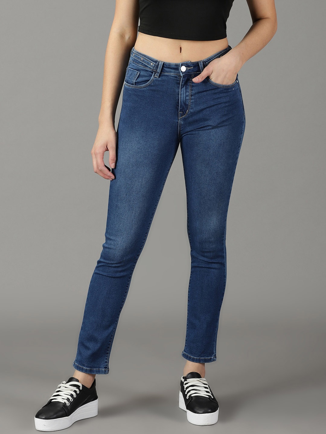 

SHOWOFF Women Light Fade Acid Wash Stretchable Low-Rise Cotton Jeans, Navy blue