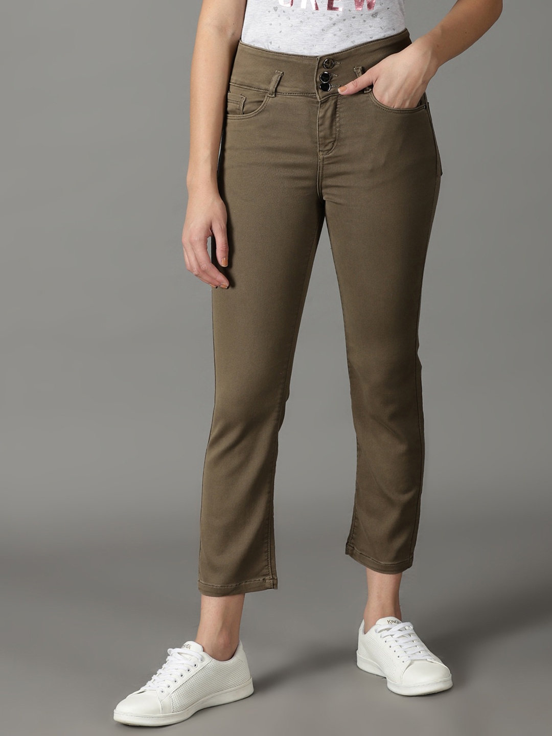 

SHOWOFF Women High-Rise Stretchable Cotton Jeans, Khaki